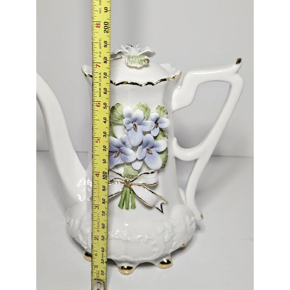 Porcelain Teapot 3D Applied Purple Violet Flowers White Gold Trim Footed Vintage